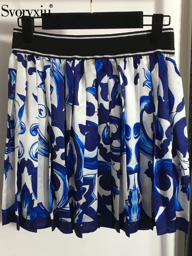 

Svoryxiu Summer Fashion High Quality Half Skirt Women's Party Elastic Waist Slim Blue And White Porcelain Printing A-Line Skirt