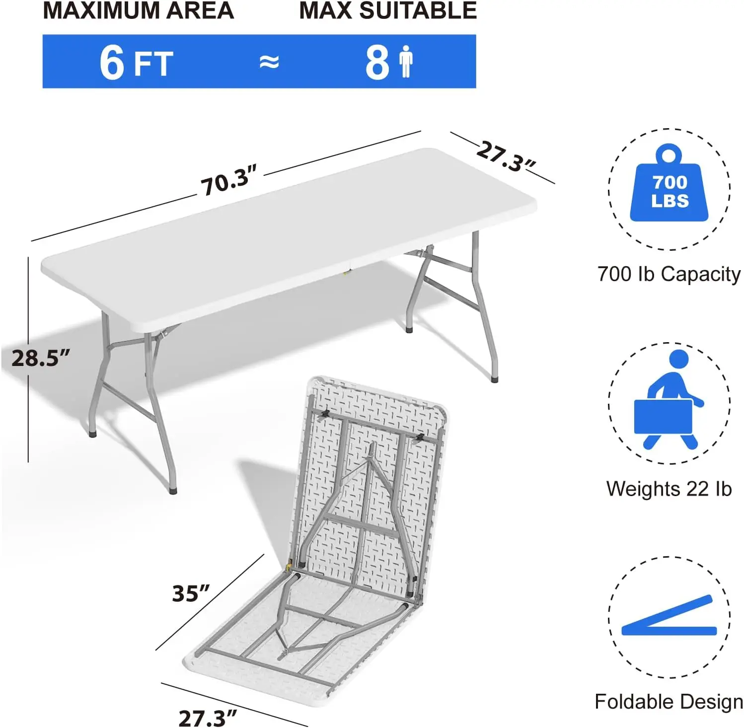 Foldable Table 6ft  Plastic Folding Table  Portable Heavy Duty Dining Table with Lock Function  Carrying Handle  Outdoor Indoor 2