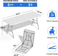 Foldable Table 6ft  Plastic Folding Table  Portable Heavy Duty Dining Table with Lock Function  Carrying Handle  Outdoor Indoor 2