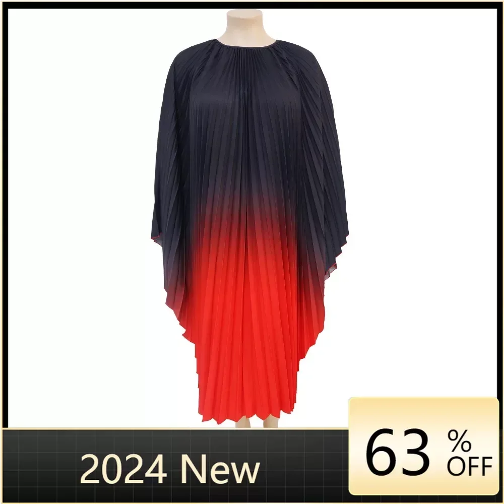 Batwing Pleated Dress For Women Gradient Loose Maxi Dresses Female Luxury Festival Clothing 2024 Spring New