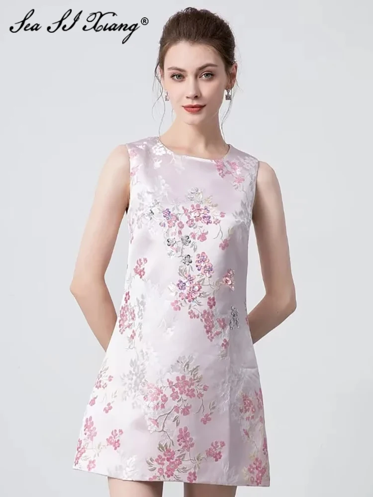 

Женское платье-чехол без рукавов Seasixiang, летнее дизайнерское винтажное жаккардовое мини-платье с круглым вырезом и блестками