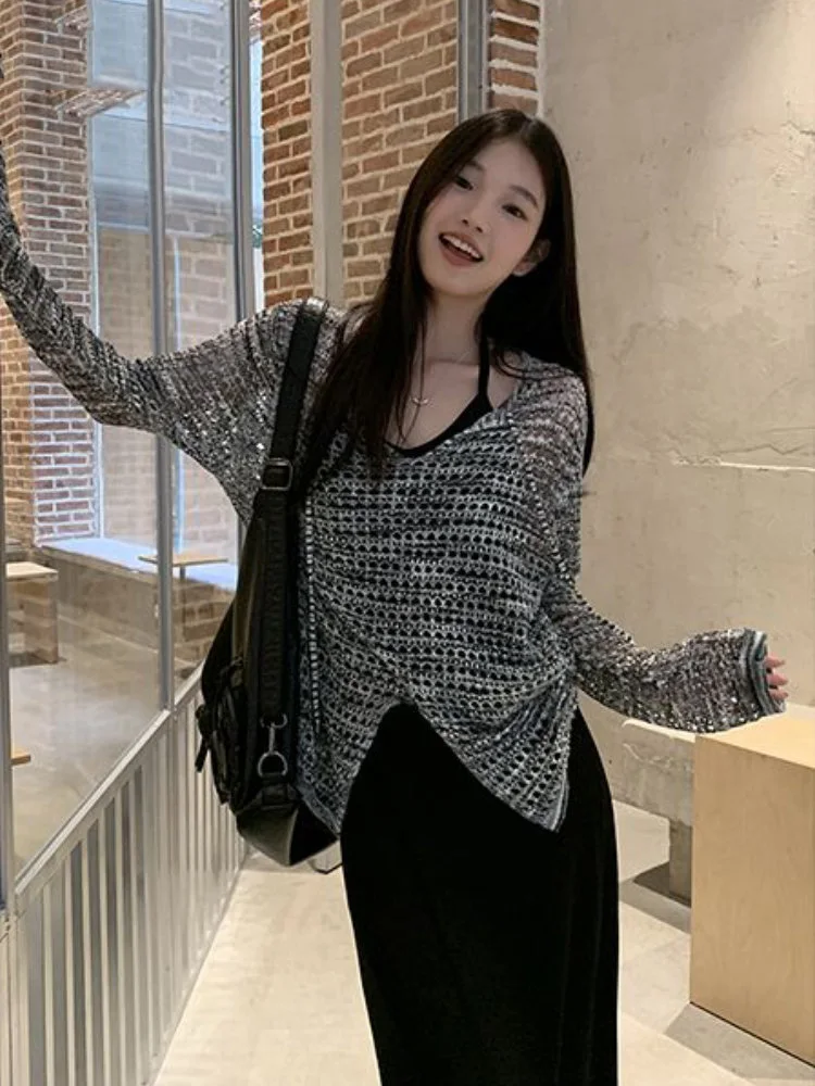 

Женский трикотажный тонкий свитер с разрезом, просвечивающий пуловер с длинным рукавом