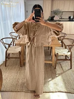 Clacive Casual Loose Khaki Cotton 2 Piece Sets Women Outfit Fashion Puff Sleeve Lace-Up Shirt With High Waist Long Skirts Set - Image 2