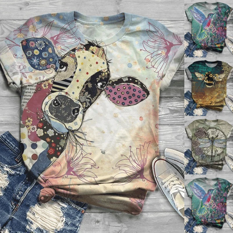 

Woman Tshirts Cow Printing Funny Shirts 2022 Summer Kawaii Tees Casual Cartoon Short Sleeve Graphic Tee Shirt Tops Tees Top