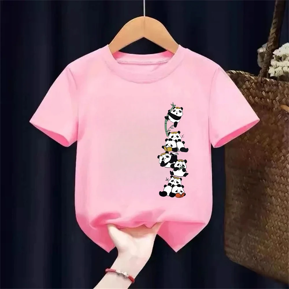 Adorable Panda Print Girls' Short Sleeve Cotton T-Shirt