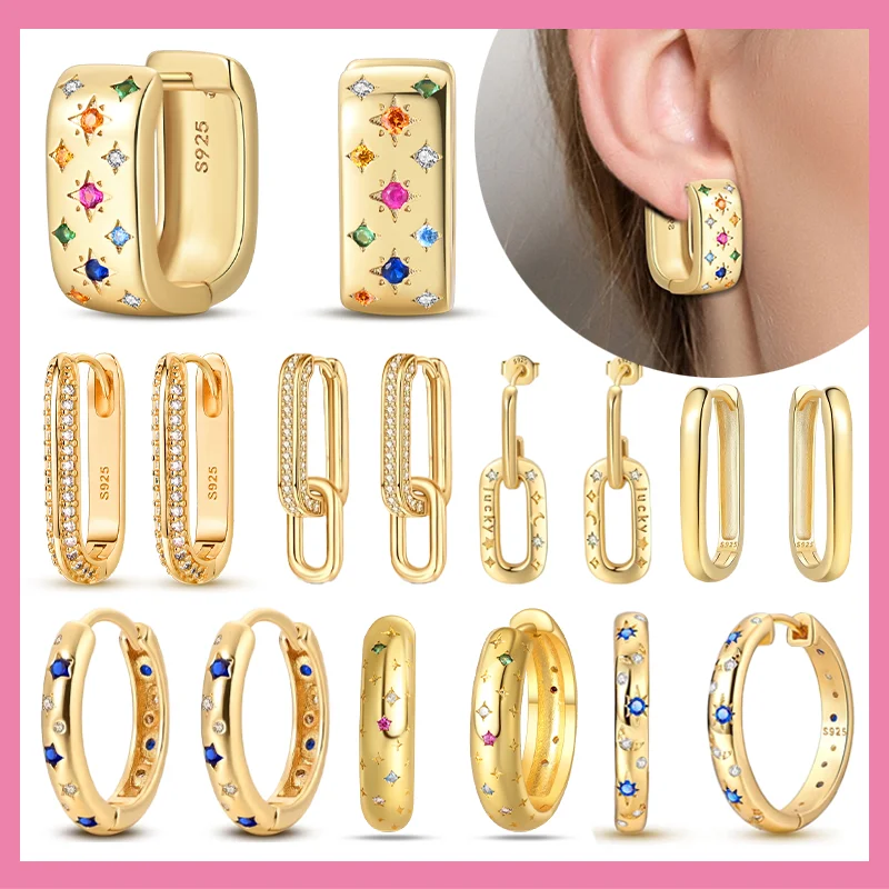 925 Sterling Silver Colored Starry Gold Square Hoop Earrings For Women's Wedding Parties Jewelry Accessories S925 silver hoop earrings,silver earrings,hoop earrings,womens earrings,gold earrings