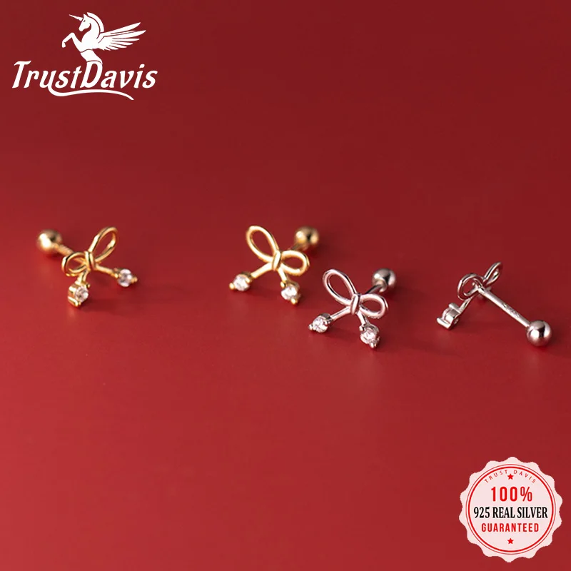 TrustDavis Real 925 Sterling Silver Bowknot Screw Stud Earrings For