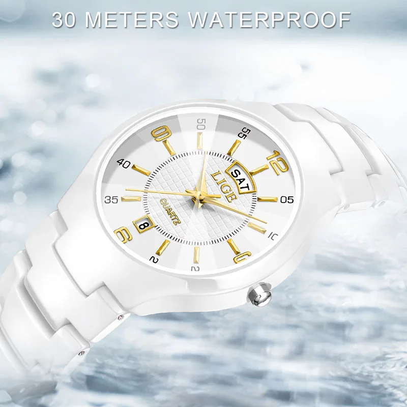 LIGE Ceramic Women's Quartz Wristwatch Waterproof Stainless Steel Week Date Ladies Watches Fashion Elegant Bracelet Watch Women