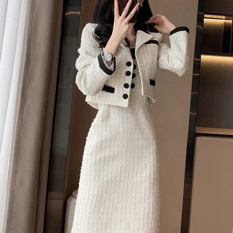 

UNXX New Autumn Women's Clothing, Elegant and Noble Small Fragrance Wind Suit, White Strap Dress, Two-Piece Set for Office Lady