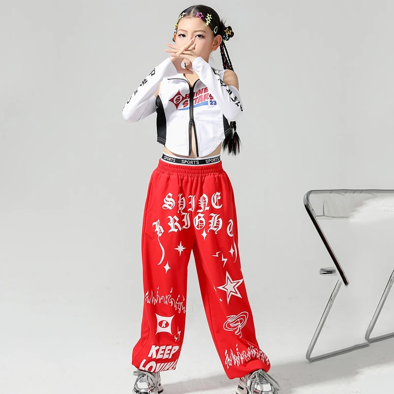 

Ballroom Hip Hop Dance Costumes For Kids White Tops Red Hiphop Pants Suit Girls Jazz Dance Performance Stage Outfits DQS14796