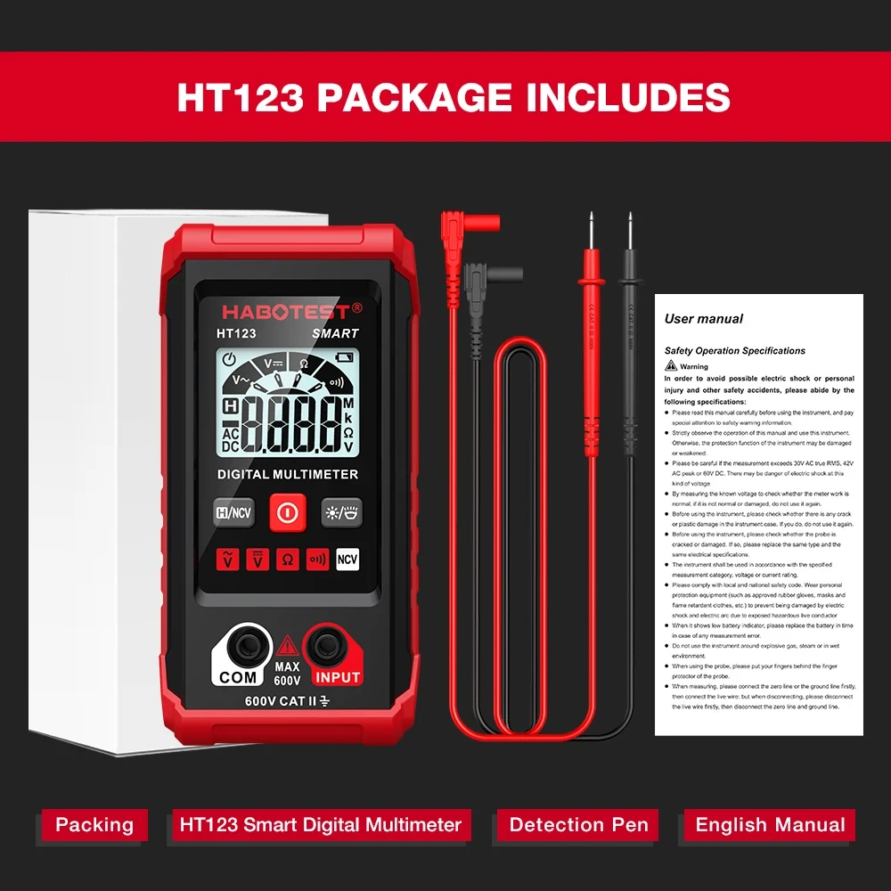 HABOTEST HT123 Smart Digital Multimeter AC/DC Voltage Resistance Continuity Measurement Tester NCV Multimeter with Backlight