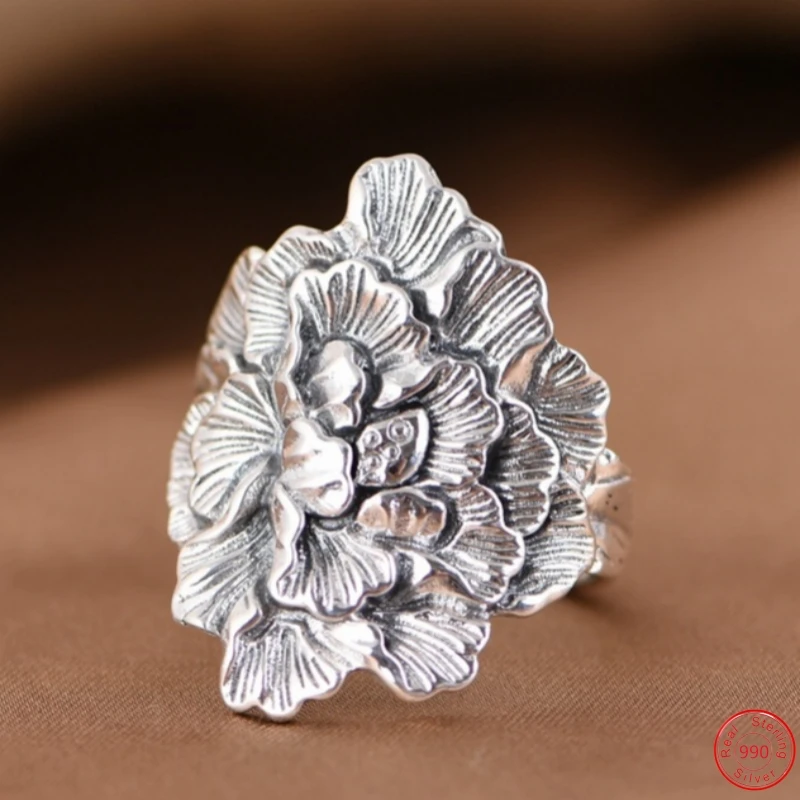S990 Sterling Silver Rings for Women Men New Women's Fashion Vintage Wide Peony Opening-rings Punk Jewelry Wholesale