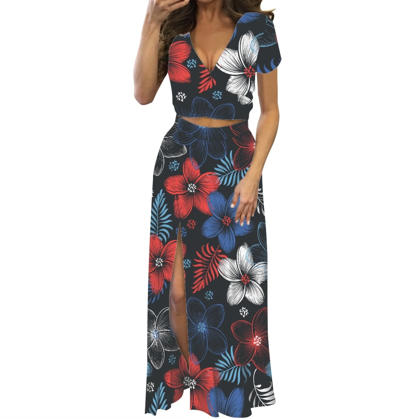 

Hot Sell Summer Women's Low-Cut Maxi Dress Hibiscus Flowers Print High Quality Two-Piece Split Dress Sexy Short Sleeve Maxi D