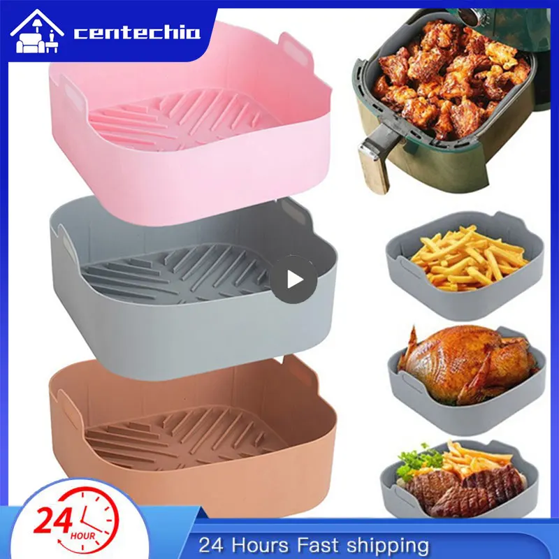 21CM Silicone Air Fryer Pot Tray BBQ Barbecue Pad Plate Airfryer Oven  Baking Mold Pot Food Safe Reusable Square Air Fryer Pan