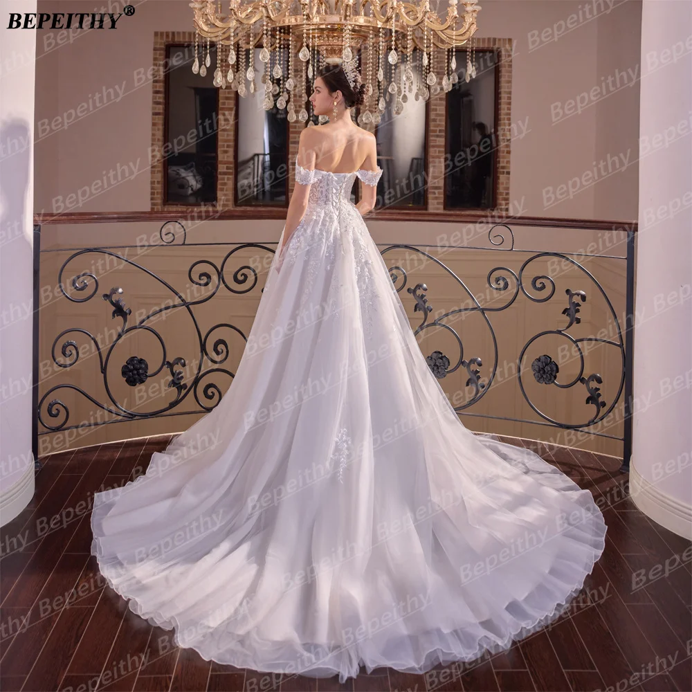 BEPEITHY Customized Strapless A Line Wedding Dresses For Women 2026 Spring Off Shoulder Lace Bride Plus Size Bridal Gown