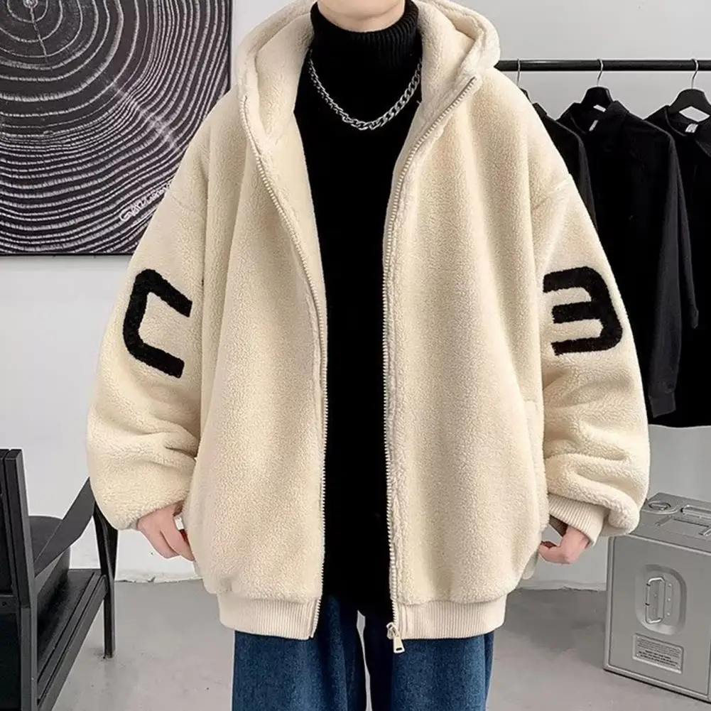 

Stylish Autumn Winter Jacket Hooded Coat with Velvet Design Men's Plush Hooded Winter Coat with Zipper Closure Elastic for Fall