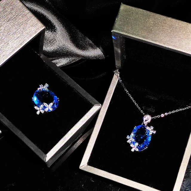 Nouvelle mode 2026 : Collier et bague de fiançailles pour femme en zircon cubique bleu marine. Version de luxe. Convient pour les occasions festives. Exquis 1