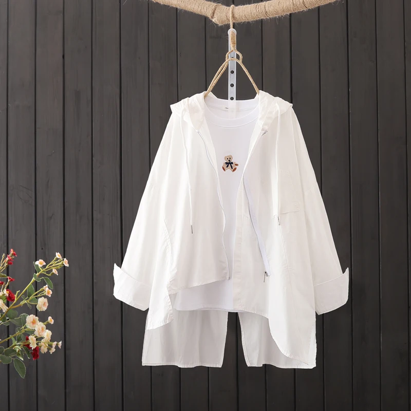 

VANOVICH Design Patchwork Contrast Color Casual Shirt Women's Summer 2023 Loose Waist Hooded Irregular Cotton Asymmetrical Coat