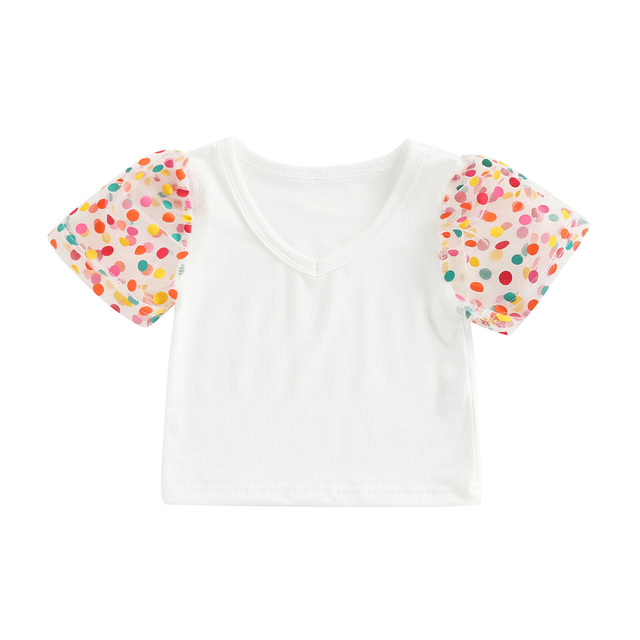 T-Shirt, Baby Girls Dots Print V-Neck Short Puff Sleeve Tops Pullover for Summer, 1-6 Years