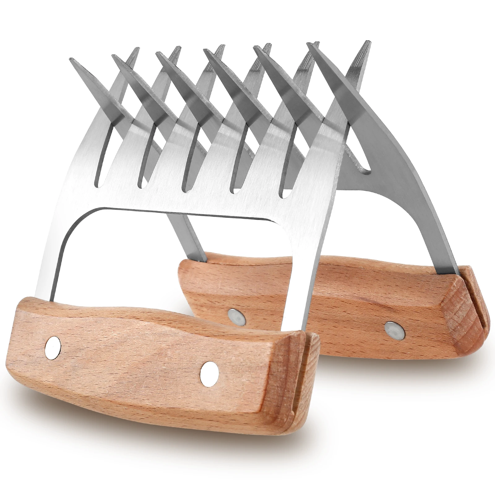 2Pcs Meat Shredder Claws Wood Handle Stainless Steel BBQ Meat Claws Efficient Pulled Pork Shredder Portable Pork Shredding