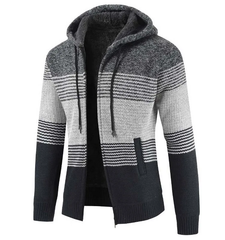 FALIZA New Mens Sweater Coat Autumn Winter Thick Warm Hooded Stripe Wool Sweaters Cardigan Jumpers Zipper Fleece Coat Men MXY103