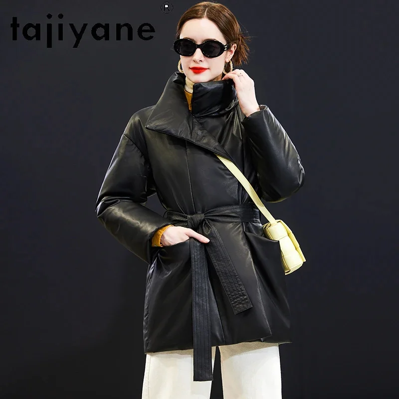 

High-end Tajiyane Real Sheepskin Leather Down Jacket Women Winter 2024 Mid-length White Goose Coats Warm Bread Parkas