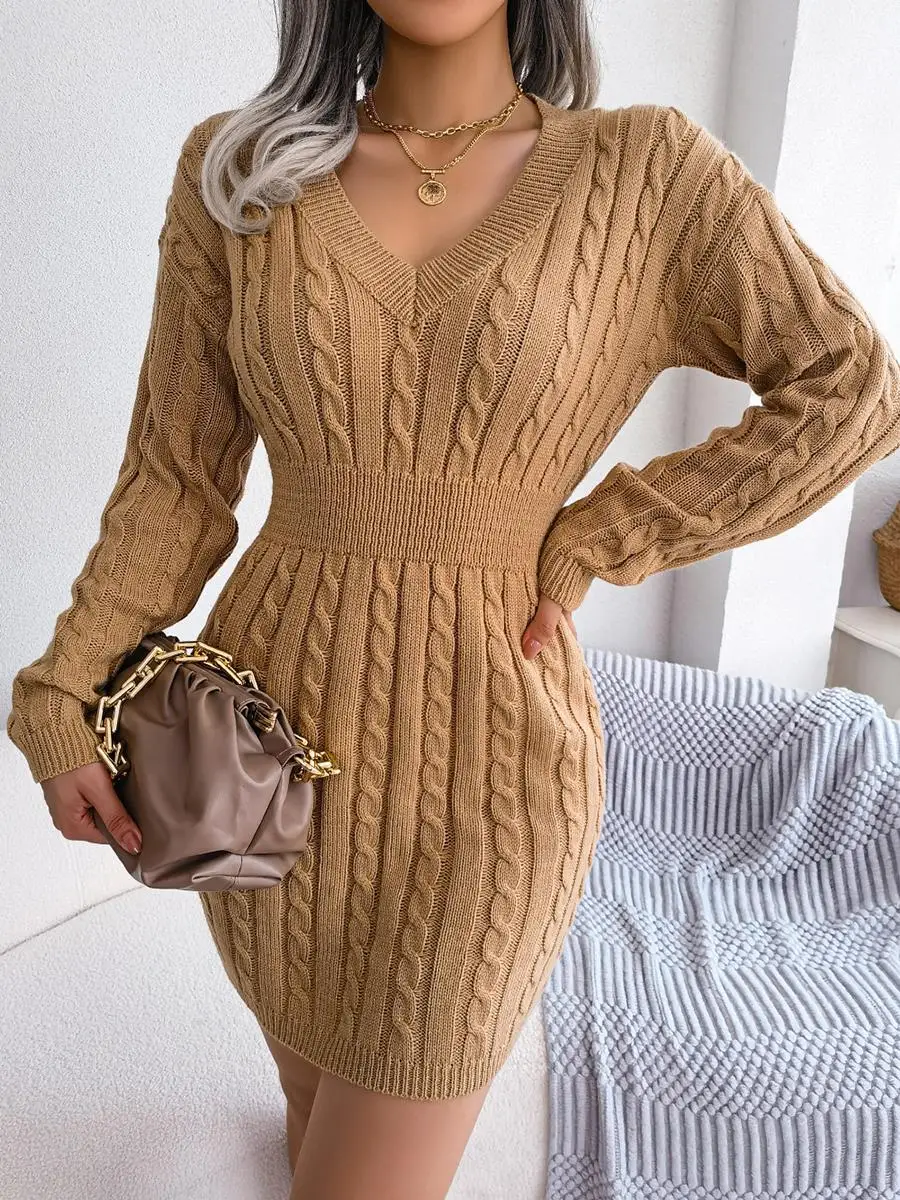 

2022 Sweater Dress Women Elastic Waist Long Sleeve Knitted Dress Autumn Winter Solid V Neck Mini Party Dress Knit Sweater Dress
