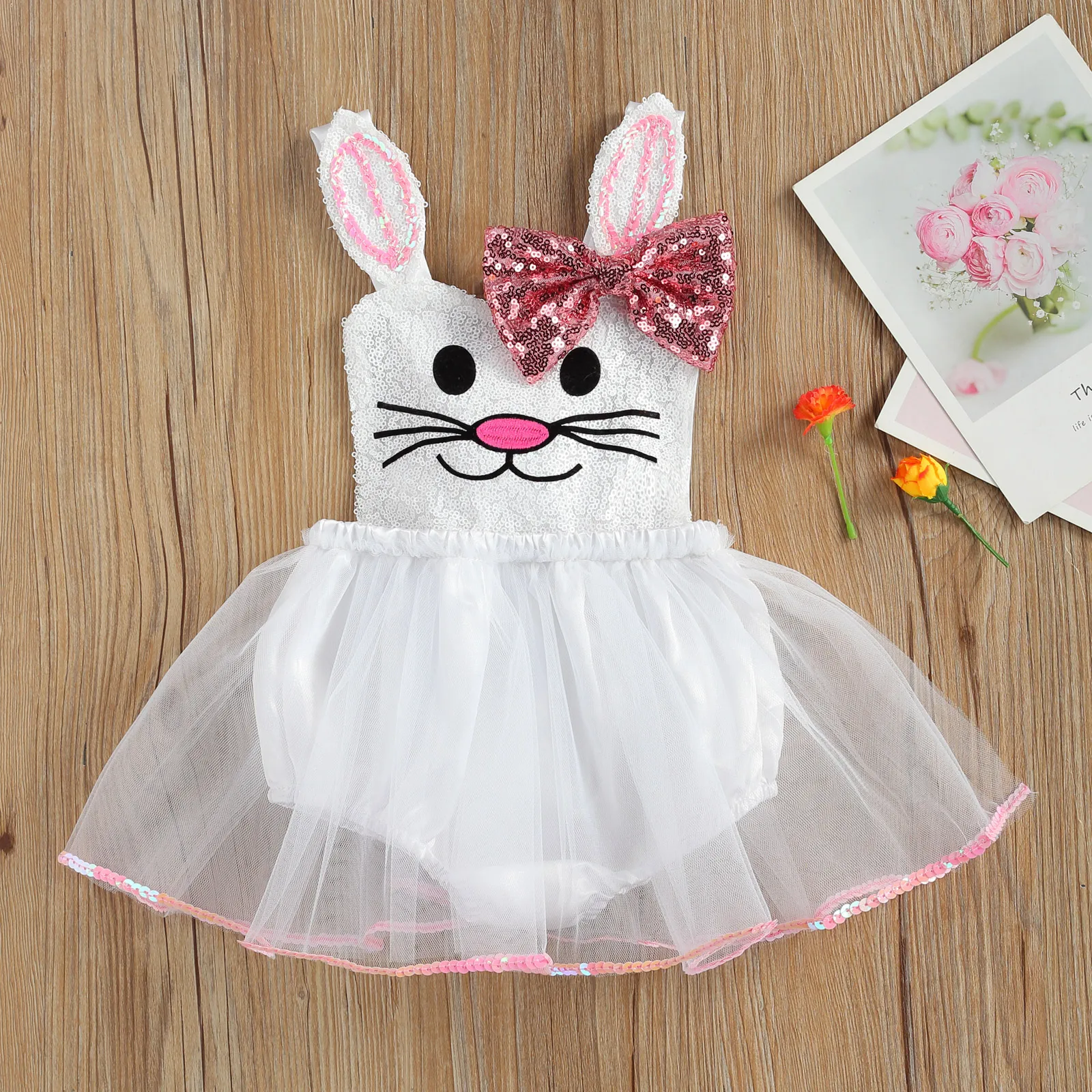 

Baby Girl Easter Outfit Bunny Embroidery Overall Dress Romper Top and Bow Headband