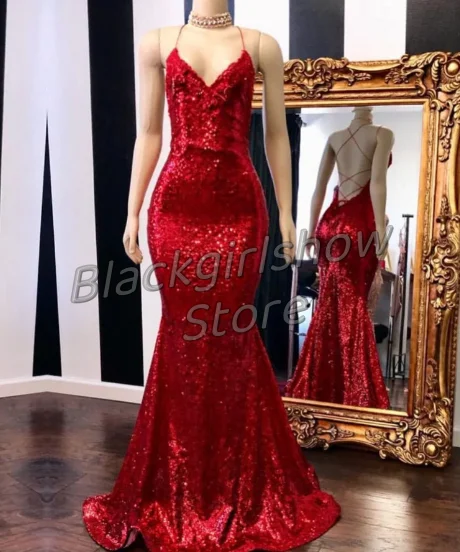 

Red Luxury Evening Gowns 2024 Elegant Sleeveless Strap Design Crystal Applique Mermaid Wedding Birthday Dresses