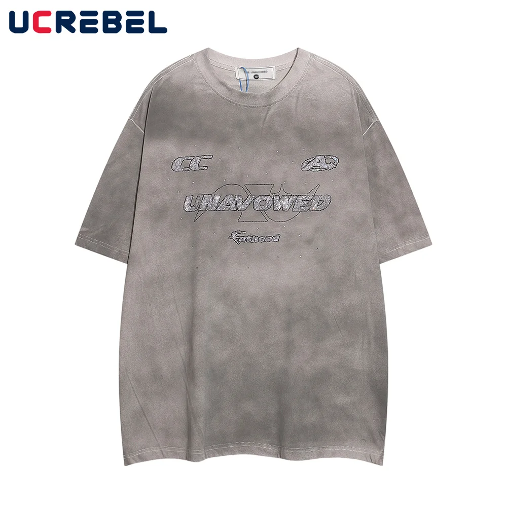 

Rhinestone Letter Short Sleeve T-shirt Mens Washed Distressed Streetwear Summer Cotton Tee Loose Half-Sleeve Crew Neck Tshirt