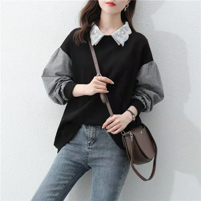 Vintage Chic Lace Plaid Patchwork Pullover Top Female Korean Casual Long Sleeve Streetwear Oversized Sweatshirt Women's Clothing