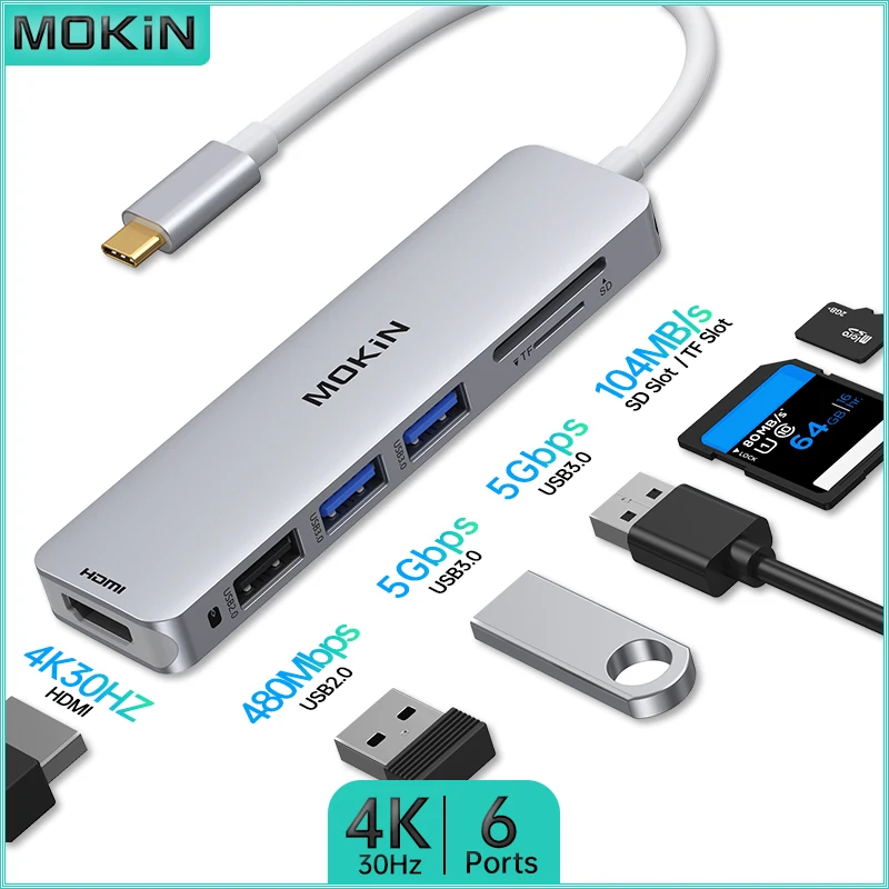 

Док-станция MOKiN 6 в 1 для MacBook Air/Pro, iPad: USB2.0, USB3.0, HDMI 4K30 Гц, SD, TF — быстрое и эффективное подключение