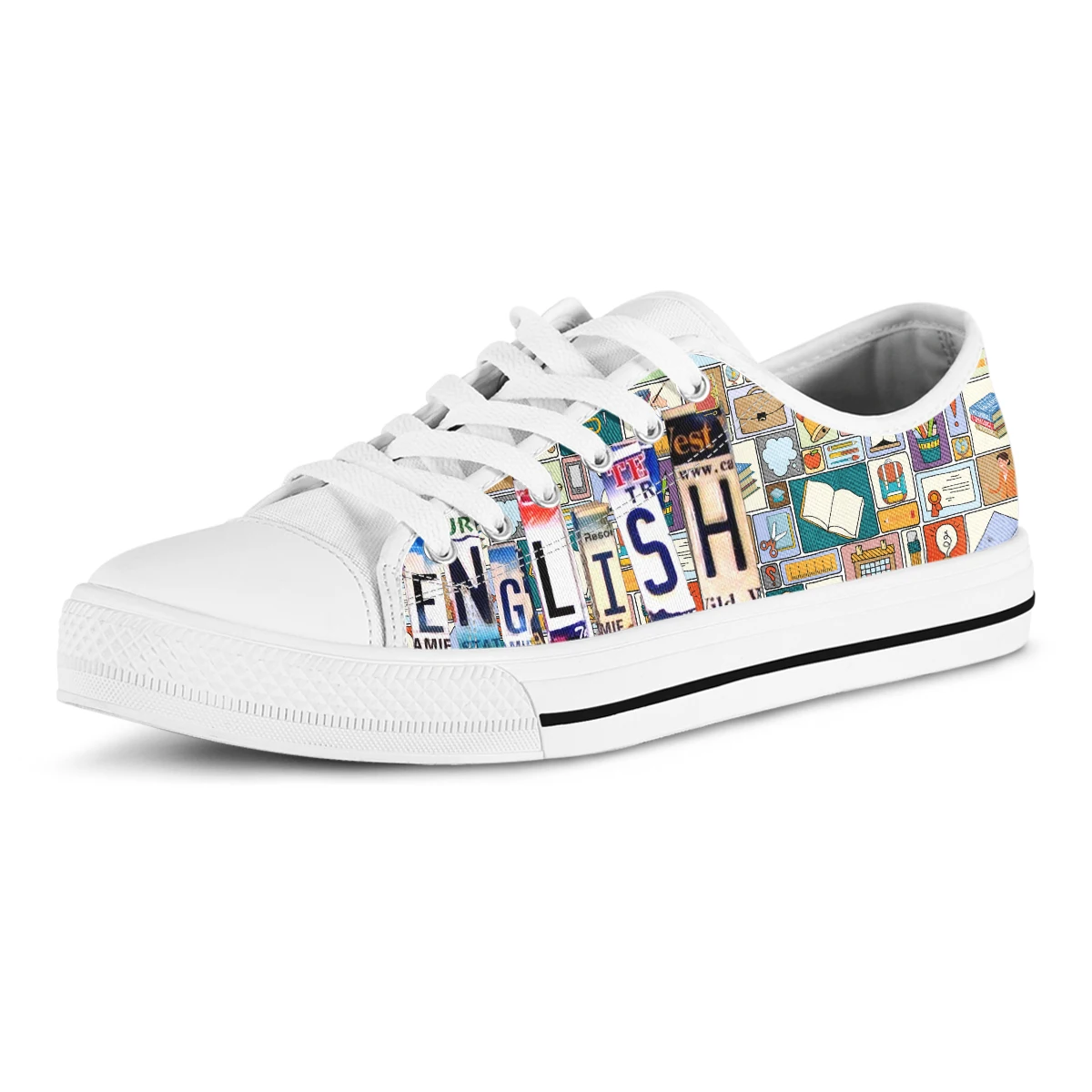 License Plate English Print Flat Shoes Lightweight Low Top Canvas Shoes For Women Casual Lace Up Sneakers Zapatillas Mujer