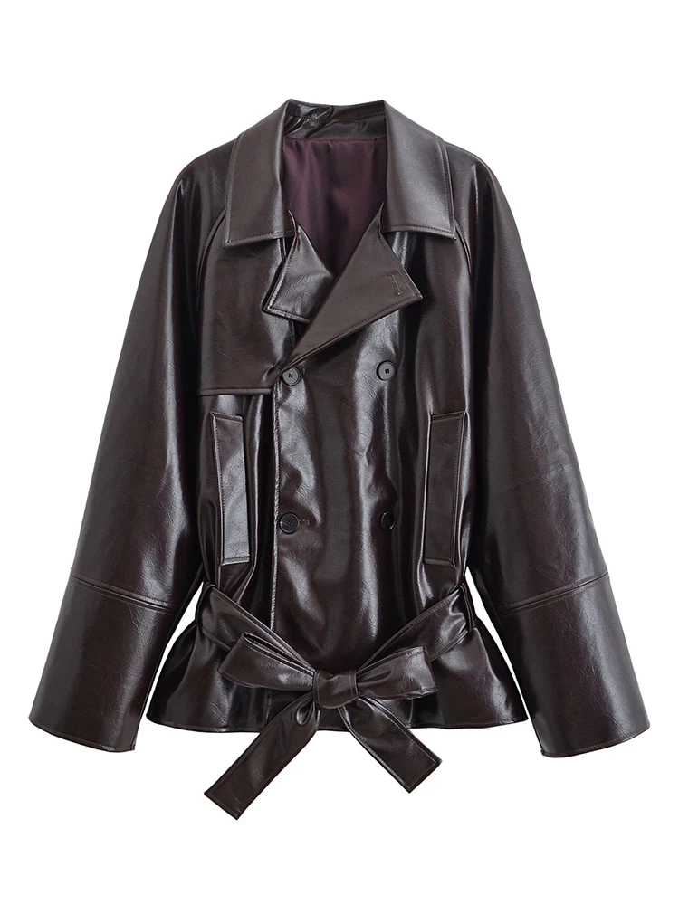 Women Leather Jacket 2025New Autumn Winter Fashion Waist-Cinching Long Sleeve Zipper Coat With Belt Female High Street Outerwear