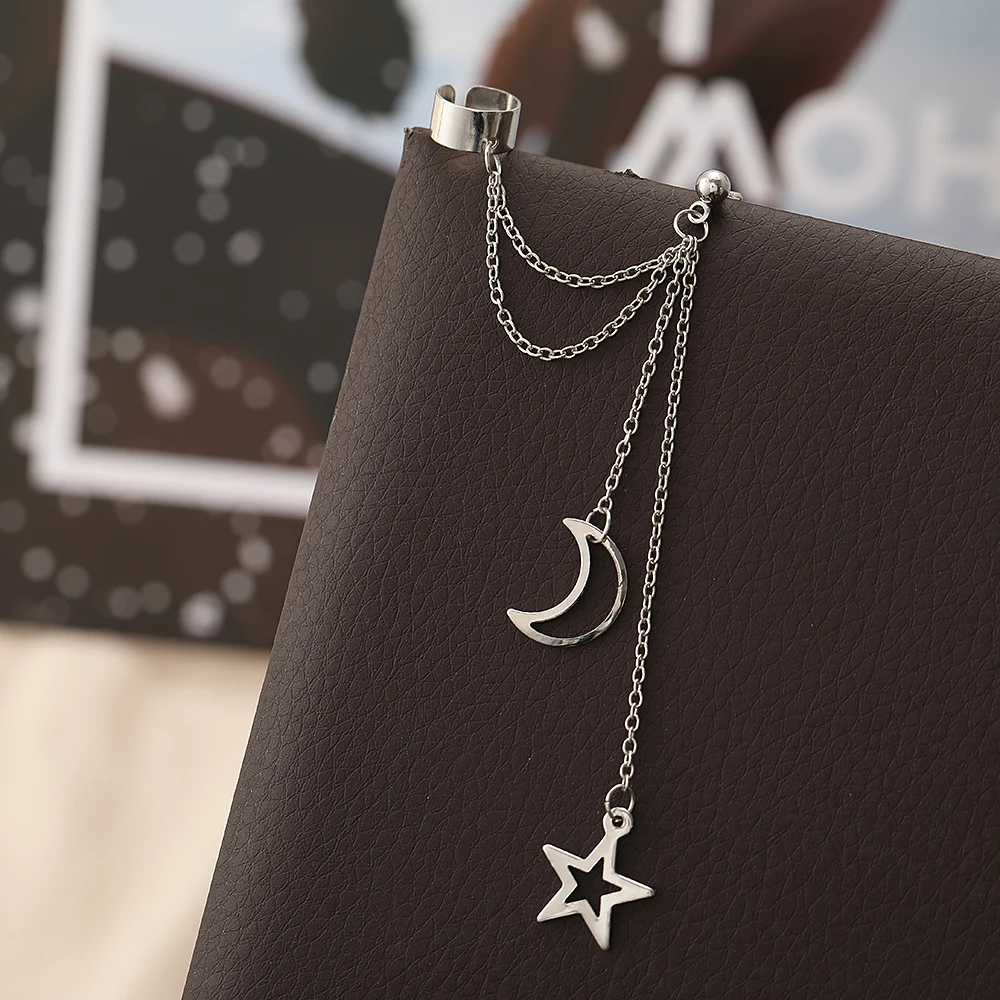 Vintage Pendant Metal Dangle Earrings with Long Chain Ear Clip for Women Silver Gold Color Star Moon Earring Jewelry