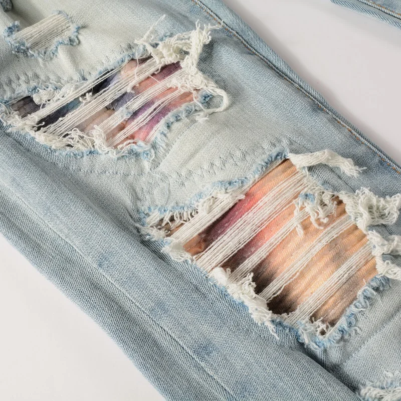 Men Cracked Patch Stretch Denim Jeans Holes Ripped Patchwork Pants Streetwear Light Blue Skinny Tapered Trousers 4