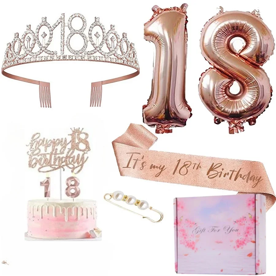 13th Birthday Decorations - Rose Gold Tiara Sash Set 8Pcs/Set 13 16 18 21 30 40 50 60 70 80 Birthday Party Crown Sash Cake Balloons Candles Decoration with Gift Box for Women 3
