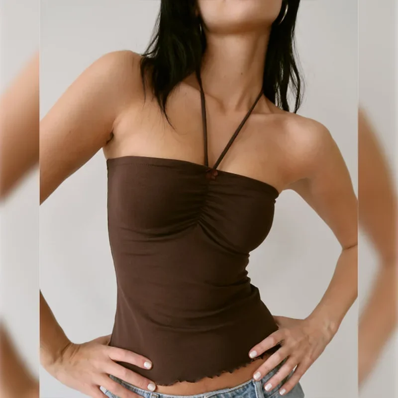 Top de una pieza informal corto con dobladillo enrollado para mujer, moda de verano, top bandeau de color liso, top sexy con cuello de encaje y sin mangas.