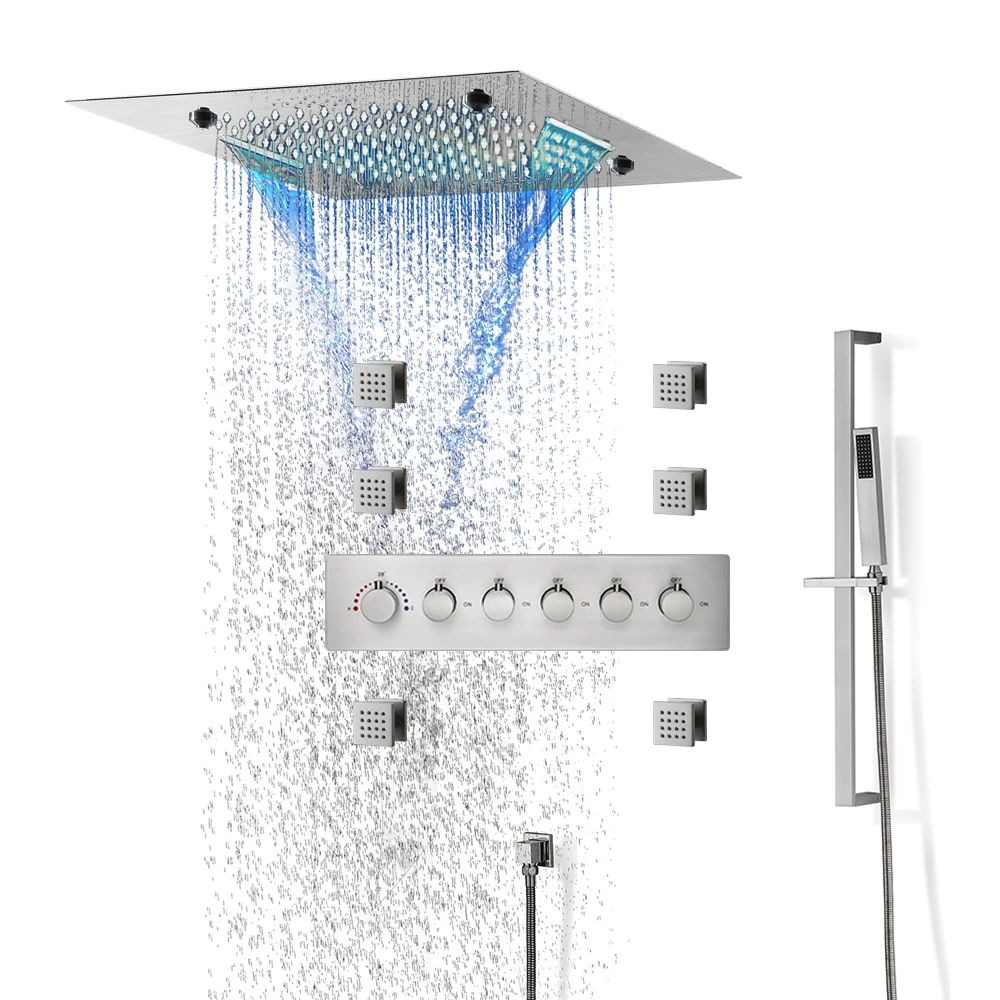 

Luxurious Large Brushed Nickel 20 Inch Rain 5 Functions Shower Set Thermostatic Bathroom Faucets Bath Taps LED Music Showerheads