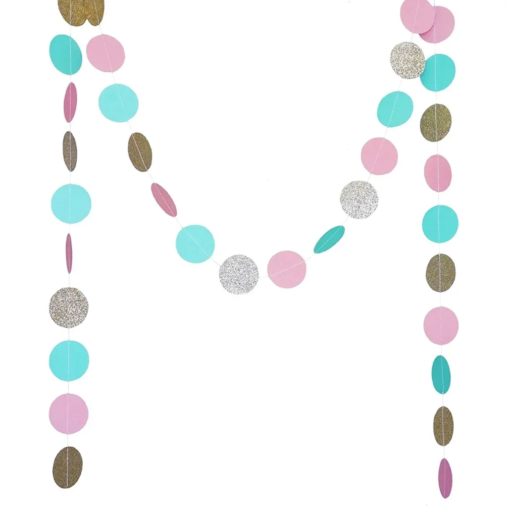 3 Meter 5 cm Kreis-Punkte-Papier-Party-Girlande-Streamer-Hintergrund (10 Fuß lang) – rosa, weiß, goldfarbenes glitzerndes rundes Papier – Detail 3