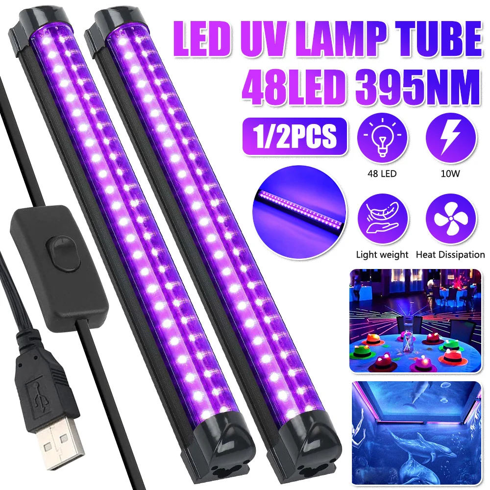 1/2pcs 10W LED UV Ultraviolet  Black Light Tube USB Port Purple Light KTV Bar Dj for Fluorescen Glow Dark Party Stage Blacklight