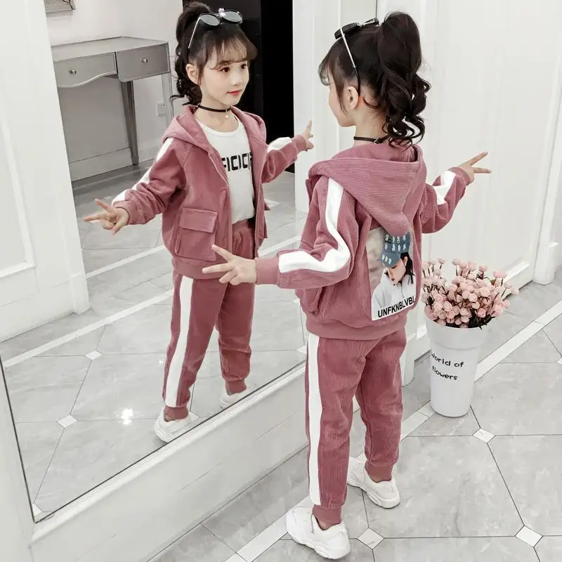

Girls Children Spring Fall Winter New 2023 Warm Girls Clothing Set 2 Pcs Little Kids Cartoon Clothes Velour Tops + Pants Suit