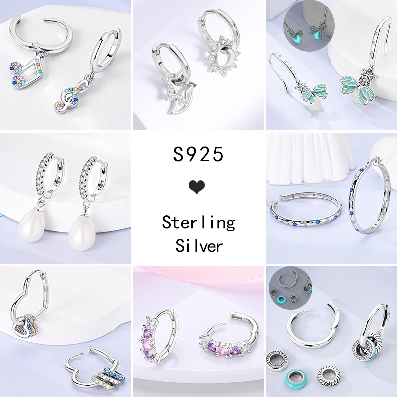 Sparkling Women Hoop Earrings 925 Silver Heart Shape Star Moon Round Blue Zircon Fit Origina Drop Earrings Jewelry Holiday gifts 2