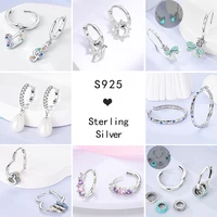 Sparkling Women Hoop Earrings 925 Silver Heart Shape Star Moon Round Blue Zircon Fit Origina Drop Earrings Jewelry Holiday gifts 2