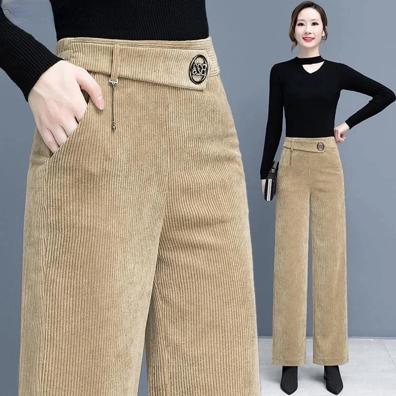 New Corduroy Wide Leg Ankle-length Pants For Women High Waist Oversized 4xl Baggy Trousers Straight Spodnie Casual Pantalones plush thick corduroy wide leg pants women fall winter fleece lined high waist casual ankle length pants vintage baggy pantalones