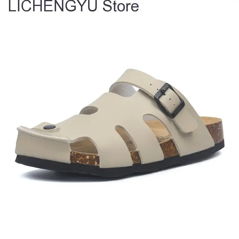 New Summer Buckle Cork Slipper Casual Women Beach Outside Non-slip Closed Toe Cut-outs Slides Shoes
