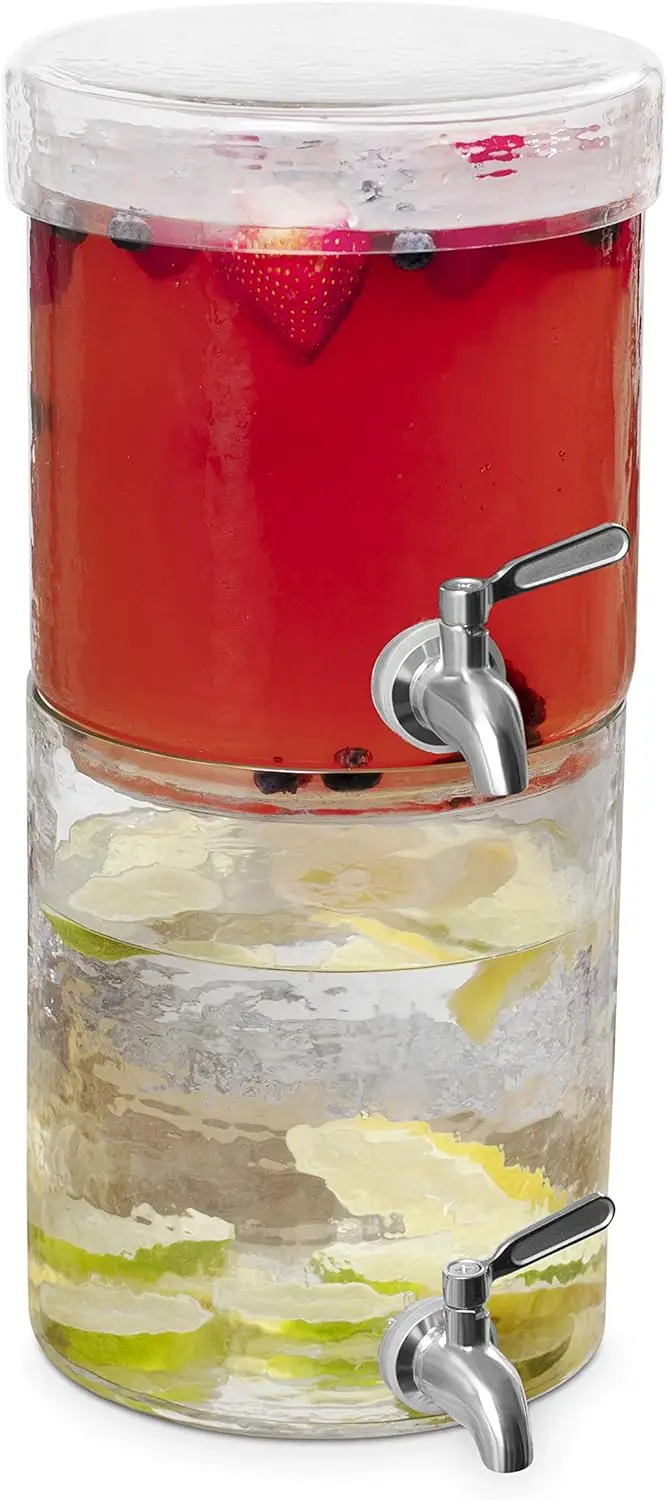 

2 Gallon Stacking Beverage Dispenser with Lid - Hammered Glass-Stainless Steel Spigot - Decorative Round Jar for Drinks