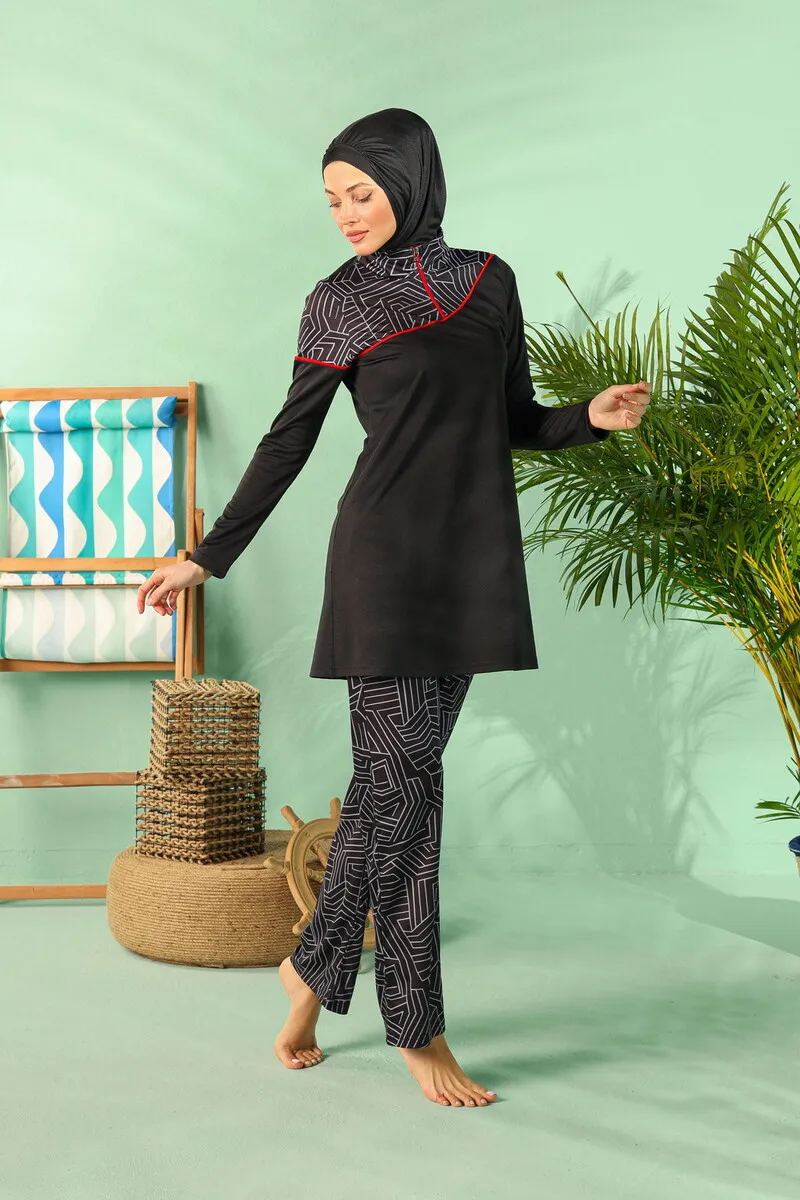 IQRAH Rivamera Full Covered Black Pattern Detailed Hijab Swimwear R1117