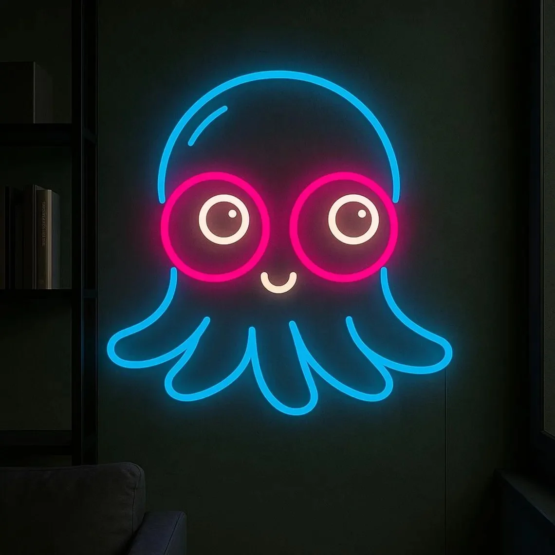 귀여운 문어 네온사인 화이트 LED 벽등 아이방 방 장식 바다 동물 네온 벽 아트