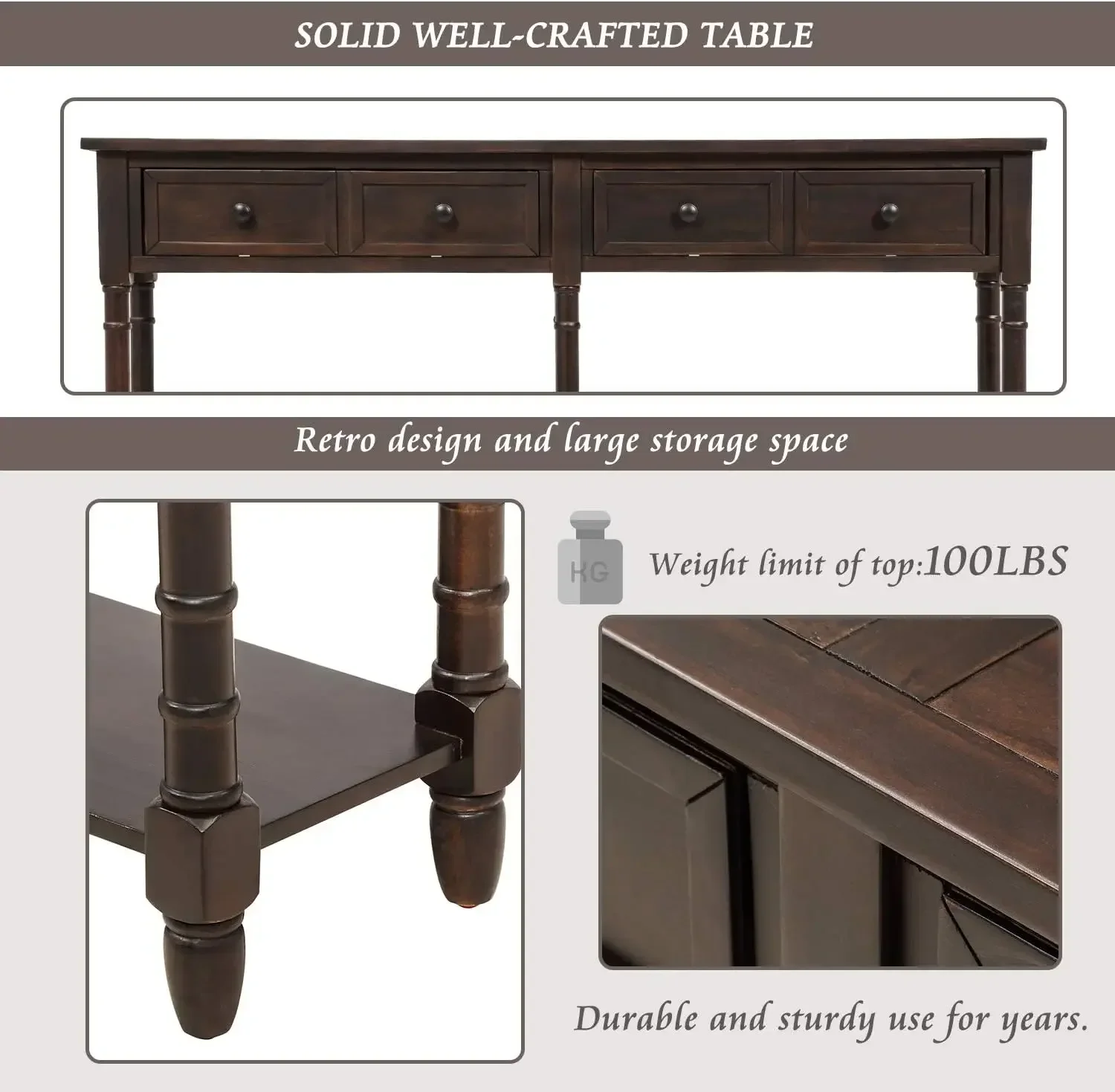 Wood Console Table Sofa Table with Two Storage Drawers and Bottom Shelf for Living Room, Entryway, Easy Assembly 5